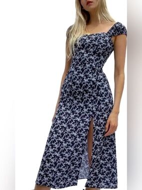 French Connection Floral Square-Neck Navy Midi Dress with Side Slit (size 4)